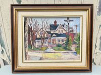 Frontal view of framed oil painting depicting house, signature visible