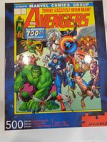 Front of Aquarius Avengers 500-piece puzzle box showing artwork and piece count