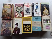 First photo shows 10 paperbacks including Bhagavad Gita, Mackenzie Poems, Lamb’s Shakespeare, Portrait of a Lady, etc.
