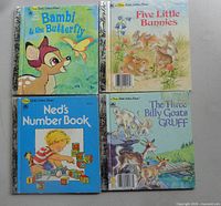 Front covers of four books: Bambi and the Butterfly, Five Little Bunnies, Ned’s Number Book, The Three Billy Goats Gruff