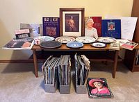 Full lot on table and floor showing magazines, plates, books, framed print, storage holders