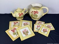 Teapot, pitcher, eight coasters displayed