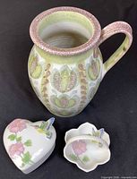 Vase, heart trinket box, scalloped dish grouped front view