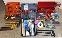 Overall view of tools, toolboxes, organizers, hand tools, power tool and accessories