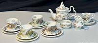 Complete set arranged showing teapot, cups, saucers, plates, creamer, sugar bowl
