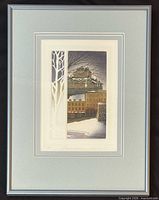 Full view of framed etching showing artwork, mat and frame