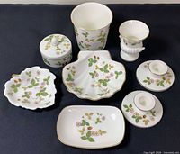 all eight Wedgwood Wild Strawberry pieces grouped