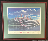 Front view of framed RL Whitcomb print showing artwork, matting, reddish-brown wood frame