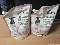 Front view of two J.R. Watkins Rosewater Foaming Hand Soap Refill pouches