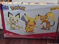 Front of box showing Mega Construx Pokémon Pikachu Evolution Trio set
