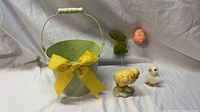 Full lot with bucket, two chick figures, bunny stake, egg stake