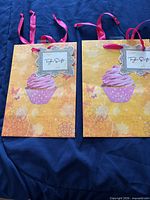 Front view of two identical Taylor Swift cupcake design gift bags with ribbon handles