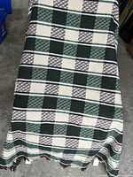 Full view of woven green checked throw blanket with fringe
