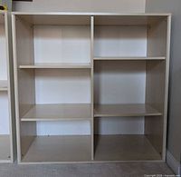 Front view of shelving unit showing six cubbies