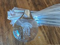 Glass teardrop pendant with etched jellyfish and wrapped suspension rods