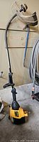 Full view of Poulan Pro curved shaft gas trimmer standing upright