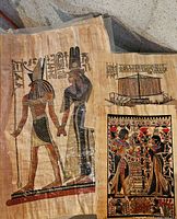 Papyrus sheets showing deity scene, royal ceremony inset and partial sailboat