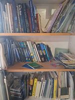 Three shelf bookcase filled with assorted bird, travel and art reference books