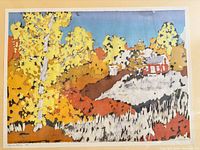 Close view of artwork showing autumn landscape scene