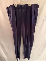 Front view of blue stretch pants hanging