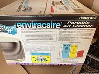 Front of sealed Honeywell Enviracaire Portable Air Cleaner box showing model information and HEPA 99.97% claim