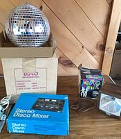 Overall view: disco ball on BBC box, Stereo Disco Mixer, strobe box, wooden strobe unit