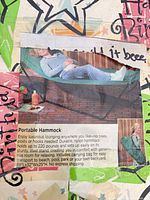 Box advertising image showing person on portable hammock, product details visible