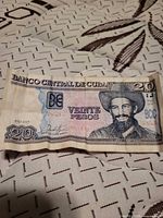 Obverse of 2019 Cuba 20 pesos note showing portrait, denomination, serial numbers, Banco Central de Cuba banner