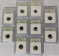Front view of ten encapsulated Constantine era coins in holders