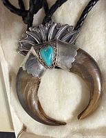 Front view of bolo tie showing bear claws, turquoise and silver cap