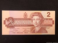 Full view of obverse of 1986 $2 Canada banknote