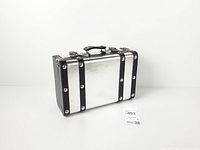 three-quarter front view of silver and black trunk