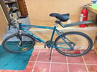 Full right-side view of blue Raleigh Serengeti mountain bike with kickstand and rear fender