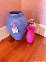 Front view of all three vases showing colors, materials and size relation