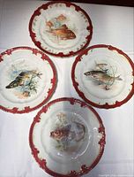 all four fish motif plates showing front designs and red gilt borders