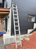 Full view of aluminum extension ladder leaned against building