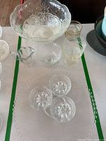 Overall view showing punch bowl, creamer, pedestal compote, sherbet cups and cake plate