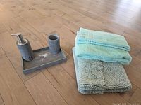 tray, soap dispenser, tumbler, towels and mat on floor