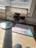 Three items grouped: large zen canvas, 12" round clock, medium lotus canvas