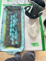 Overview showing tray, BMP swan vase, frosted glass angel