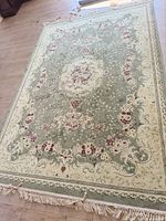 Full view of rug showing overall design, colors, and fringe