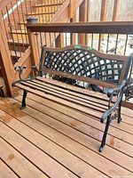 front angled view of assembled bench on deck