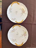 Both porcelain platters top view showing pattern and gilded handles