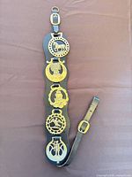 Full view of leather strap with five brass brasses