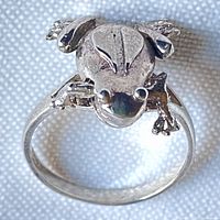 Top view of sterling silver frog ring showing articulated front legs