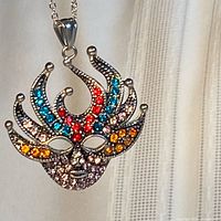 Pendant close-up showing multicolour rhinestones and silver-tone metal