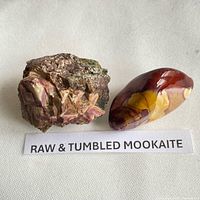 Rough and tumbled Mookaite stones with identification label