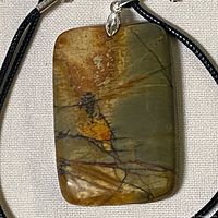 Front view of jasper pendant on cord, showing color pattern and bail