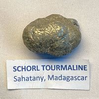 Top view of the schorl tourmaline specimen beside identification label
