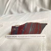 Front view of tiger iron showing banding, label